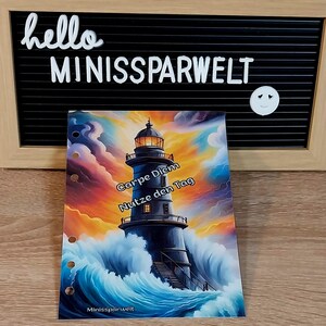 Motivationskarte Carpe Diem Trennblatt A6 Binder Finanzen Sparen Leuchtturm Meer Wasser
