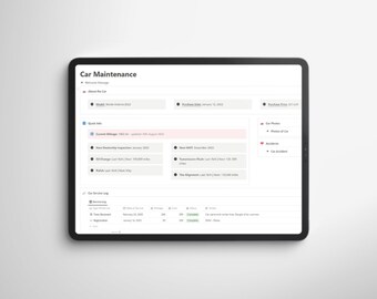 Sjabloon concept auto-onderhoud | Notion Car Service Log Tracker, auto-informatie, autogeschiedenis