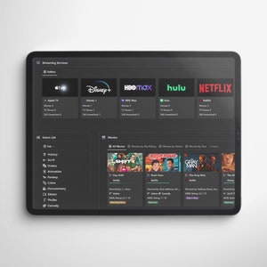 May include: A tablet screen displaying a streaming service app with a dark background. The app shows a list of streaming services including Apple TV, Disney+, HBO Max, Hulu, and Netflix. The app also shows a list of genres and a list of movies.