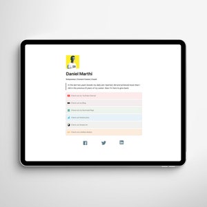 May include: A website screenshot showing a profile for Daniel Marthi, an entrepreneur, influencer, and coach. The profile includes a headshot, a brief bio, and links to his social media channels, including YouTube, Instagram, Pinterest, and Twitter.