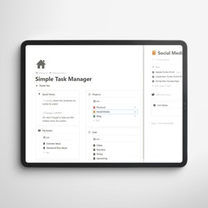 May include: A screenshot of a tablet displaying a simple task manager app. The app has a list of quick notes, a list of my notes, and a list of projects. The projects list includes "Personal", "Social Media", and "Blog".
