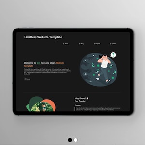 May include: A dark gray tablet screen displaying a website template with the text "Limitless Website Template". The website has a black background with white text and a cartoon illustration of a person with their hands over their head. The text "Welcome to this nice and clean Website Template" is visible on the screen.
