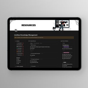 Puede incluir: Una captura de pantalla de un sitio web con el encabezado "Recursos" y una sección titulada "Gestión de conocimiento ilimitado". El sitio web presenta un fondo oscuro con una lista de recursos categorizados por tipo, que incluyen "Nuevos recursos", "Colecciones" y "Bases de datos".