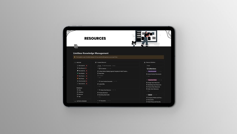 Puede incluir: Una captura de pantalla de un sitio web con el encabezado "Recursos" y una secci&oacute;n titulada "Gesti&oacute;n de conocimiento ilimitado". El sitio web presenta un fondo oscuro con una lista de recursos categorizados por tipo, que incluyen "Nuevos recursos", "Colecciones" y "Bases de datos".