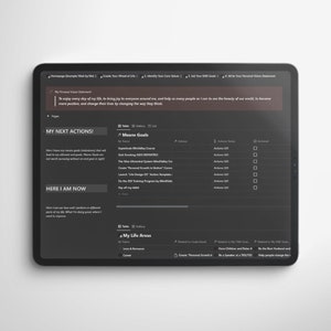 Puede incluir: Una pantalla de tableta gris oscuro que muestra un planificador digital con el texto "Mi declaración de visión personal: Disfruto de cada día de mi vida, estoy lleno de alegría y poder, y ayudo a la mayor cantidad de personas posible a vivir la belleza de nuestro mundo, a ser más positivo y a cambiar sus vidas cambiando la forma en que piensan."