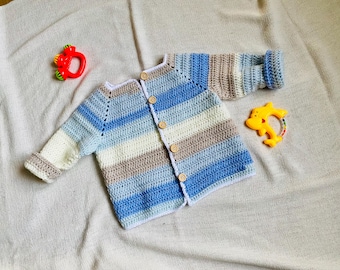Striped Crochet Baby Cardigan, Easy Sweater, Sizes 0-24 Months (PDF Pattern)