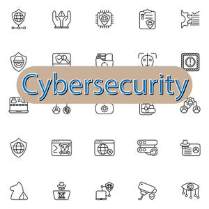 Op de afbeelding: Een zwart-witte illustratie van verschillende cyberbeveiligingspictogrammen, waaronder een schild, een slot, een computer, een netwerk en een persoon. Het woord "Cybersecurity" staat in blauw en wit op een bruine achtergrond.