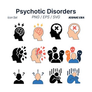 May include: A digital icon set titled Psychotic Disorders featuring twelve illustrations of human heads and figures in black, white, blue, and red. The graphics depict brains with lightning, heads with X marks, shattering heads, shadowy figures, and people in distress.