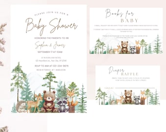 Könnte beinhalten: Babyparty-Einladungen und -Einleger mit Illustrationen von Waldtieren. Die Haupteinladung lautet "Bitte nehmen Sie an einer Babyparty teil" zu Ehren von Sophia & James. Enthält eine Karte "Bücher für Baby" und eine Karte "Windel-Tombola".
