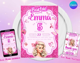 Bewerkbare verjaardagsuitnodiging modepop: Pink Sparkle Party (digitaal)