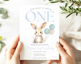 Bunny First Birthday Invitation Template: Blue Editable Invite (Digital Download)