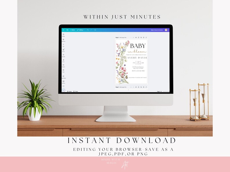Puede incluir: Una pantalla de ordenador que muestra un dise&ntilde;o digital para una invitaci&oacute;n de baby shower. La invitaci&oacute;n presenta un dise&ntilde;o floral con el texto "Baby in bloom" y "Avery Davis". El texto "Descarga instant&aacute;nea" se muestra debajo de la pantalla del ordenador.