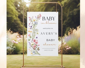 Letrero de bienvenida con flores silvestres para baby shower: Plantilla editable (descarga digital)