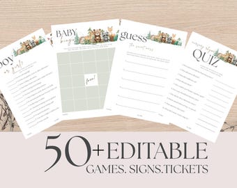 Woodland Baby Shower Games Bundle: 35+ Editable Templates (Canva)