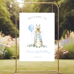 Peter Rabbit Birthday Welcome Sign, Personalized First Birthday Sign, Blue Peter Rabbit Decorations, Boy First Birthday Sign