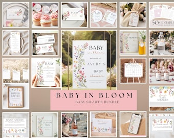 Pacchetto di inviti per baby shower con fiori di campo: giochi e decorazioni modificabili (modello Canva)