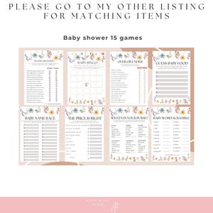 Puede incluir: Un conjunto de 15 juegos de baby shower imprimibles con bordes florales. Los juegos incluyen Baby Bingo, M&aacute;s o Menos, Adivina la comida para beb&eacute;s, Carrera de nombres de beb&eacute;s, El precio justo, &iquest;Qu&eacute; hay en tu bolso? y Descifrar palabras para beb&eacute;s.