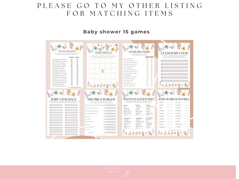 Puede incluir: Un conjunto de 15 juegos de baby shower imprimibles con bordes florales. Los juegos incluyen Baby Bingo, M&aacute;s o Menos, Adivina la comida para beb&eacute;s, Carrera de nombres de beb&eacute;s, El precio justo, &iquest;Qu&eacute; hay en tu bolso? y Descifrar palabras para beb&eacute;s.