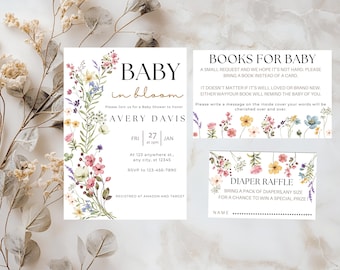 Floral Baby Shower Invitation Bundle: Books for Baby, Diaper Raffle (Digital Download)