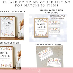 Puede incluir: Se&ntilde;al y tarjetas de baby shower imprimibles con un dise&ntilde;o floral. El cartel dice "Diaper Raffle" y las tarjetas dicen "Diaper Raffle".