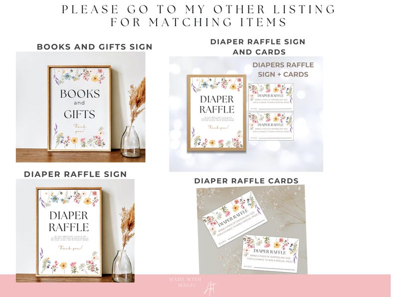 Puede incluir: Se&ntilde;al y tarjetas de baby shower imprimibles con un dise&ntilde;o floral. El cartel dice "Diaper Raffle" y las tarjetas dicen "Diaper Raffle".