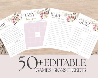 Baby in Bloom Shower Game Bundle: Pink Floral, Editable, 35 Games (Canva Template)