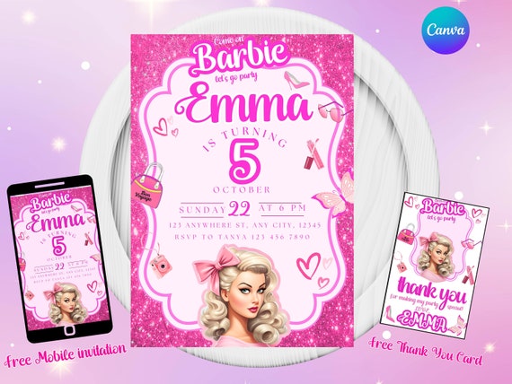 Editable Fashion Doll Party Invitation Girls Birthday Invite Pink Barbie Birthday Invite Pink Doll Party invite Pink Sparkle Invitation