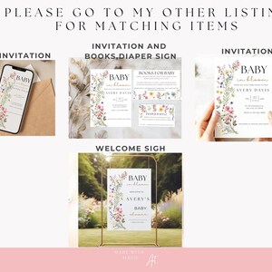Puede incluir: Un conjunto de invitaciones imprimibles para una fiesta de bienvenida al beb&eacute; con un dise&ntilde;o floral. Las invitaciones incluyen el texto "Baby in Bloom" y "Avery Davis". El conjunto incluye una invitaci&oacute;n para el tel&eacute;fono, un cartel de bienvenida y una invitaci&oacute;n con un cartel de libros y pa&ntilde;ales.
