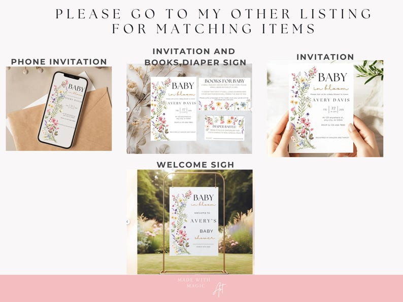 Puede incluir: Un conjunto de invitaciones imprimibles para una fiesta de bienvenida al beb&eacute; con un dise&ntilde;o floral. Las invitaciones incluyen el texto "Baby in Bloom" y "Avery Davis". El conjunto incluye una invitaci&oacute;n para el tel&eacute;fono, un cartel de bienvenida y una invitaci&oacute;n con un cartel de libros y pa&ntilde;ales.