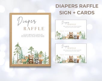 Woodland Baby Shower Diaper Raffle Tickets & Sign (Canva Template)