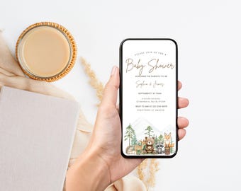 Invitación para baby shower de animales del bosque: Bosque de montaña (Evita) (Descarga digital)