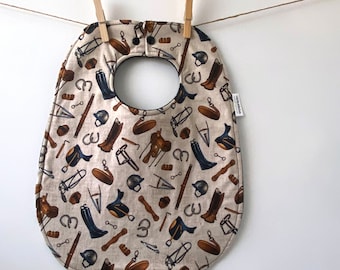 Equestrian Baby Bib: Horse Tack Print, Fleece Backed