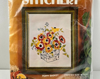 Vintage Poppy Basket Embroidery Kit by Stitchery - Vintage Crewlwork Kit - DIY Crewl - Floral Embroidery Kit - Vintage Floral Crewlwork Kit