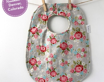 Rose Baby Gift - Grey Rose Baby Bib - Floral Baby Gift - Floral Baby Bib - Baby Girl Shower Gift - Baby Bib with Snaps - Toddler Sized Bib