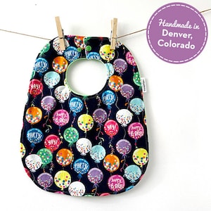 First Birthday Bib: Cotton Fleece, Balloon Print, Toddler Snaps