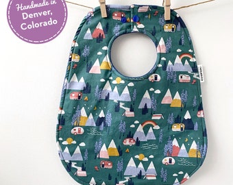 Camping Baby Gift - Bibs with Snaps - Camping Baby Bib - Tent and Camper Baby Gift - Toddler Bib with Snaps - Gender Neutral Baby Gift