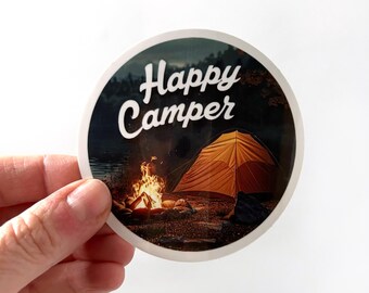 Happy Camper Sticker: Campfire, Tent & Lake - Waterproof Glossy Decal