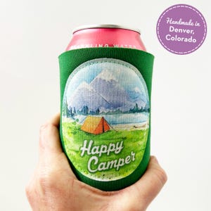 Happy Camper Can Cooler - Happy Camper Gift - Camping Gift - Camping Can Cooler - Campfire Can Cooler