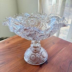 Vintage Imperial Roanoke Compote, Ruffled Edge, Footed Pedestal Compote, Large 11" dia x 9" tall, Heavy Cut Glass, Free Shipping Guarantee