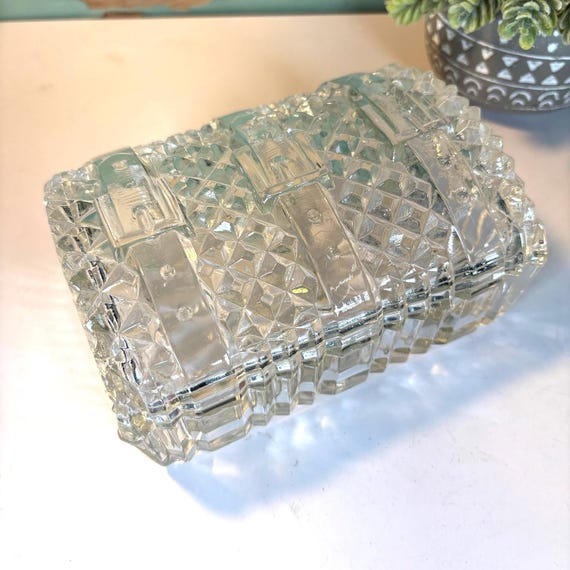 Vintage Akro Agate Treasure Chest Pressed Clear Glass Trinket Box