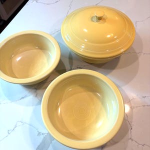 Fiestaware Yellow 1987 Round Casserole Dish, Coupe Soup Bowls (Sold Individually)