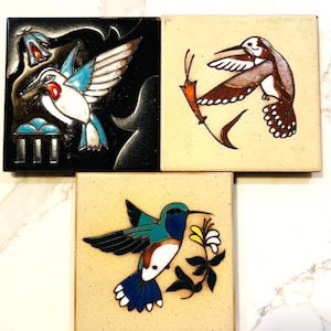 Vintage Art Tile by Cleo Teissedre Hummingbirds With Flowers Trivet Kitchen Tiles