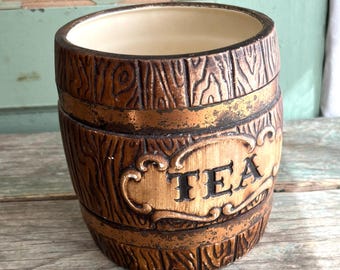 Treasure Craft Tea Canister: 1960s Ceramic Barrel, Copper Band (No Lid)