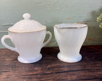Vintage Fire King Sugar Bowl and Creamer Set: White Swirl Milk Glass