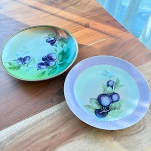 Antique Hand-Painted Plum Plates: Bavarian Porcelain & Lavender Rim, 8&quot;
