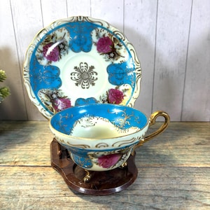 Vintage Saji Teacup & Saucer: Cerulean Blue Roses, Gold Trim, Occupied Japan