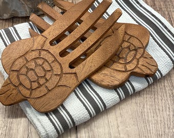 Vintage Hand-Carved Acacia Wood Sea Turtle Salad Servers, Hawaiian Honu Style