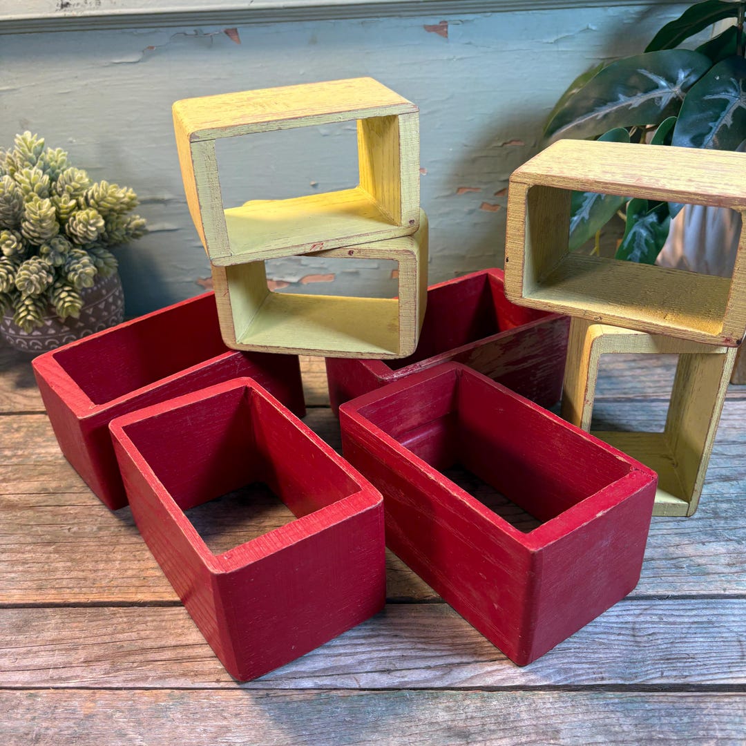 Rustic Farmhouse Wood Boxes: Red & Yellow Stackable Storage Blocks - Etsy