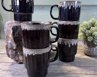 Vintage Japanese Drip Glaze Stoneware Mugs - Mid-Century Rustic Coffee Cups - Set of 2