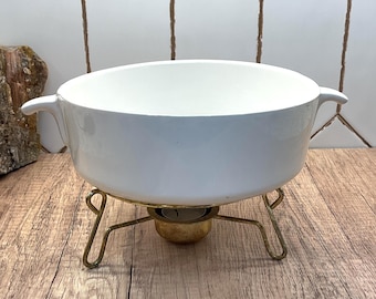 Vintage made in USA fonduepan met messing standaard – klassieke vermakelijke set uit het midden van de eeuw